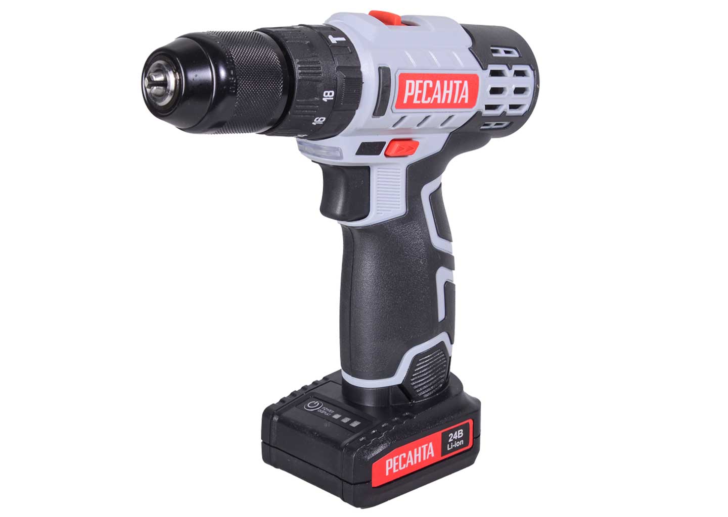 Аккумуляторный шуруповерт РесантаДА-24-2ЛК-У Аккумуляторный ударный шуруповерт Ресанта ДА-24-2ЛК-У 24 В с двумя аккумуляторами