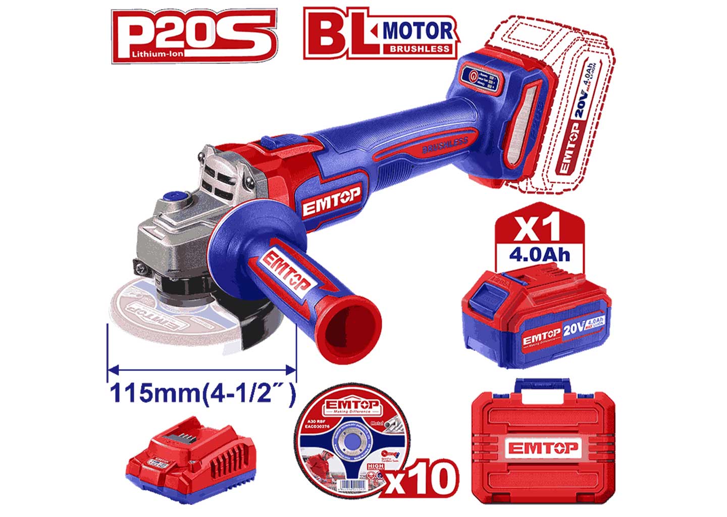 Аккумуляторная угловая шлифмашина EMTOP ELAG211541 Аккумуляторная УШМ EMTOP ELAG211541 с дисками и зарядкой