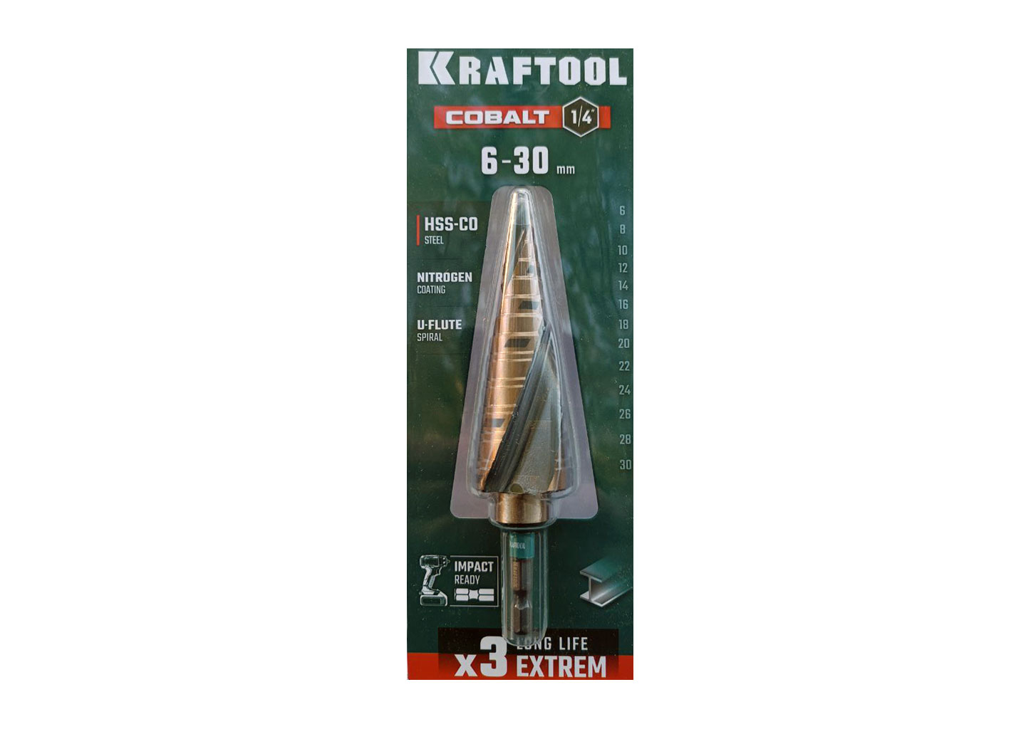 Сверло ступенчатое KRAFTOOL COBALT 6-30мм 29691-6-30-1