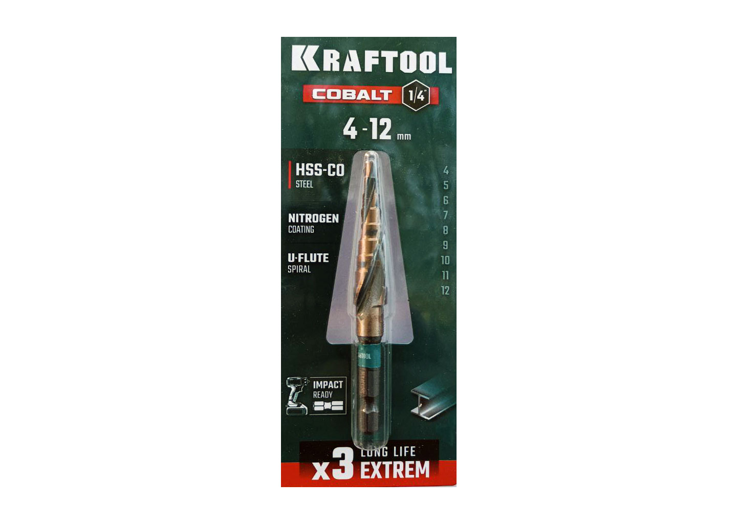 Сверло ступенчатое KRAFTOOL COBALT 29691-4-12-9