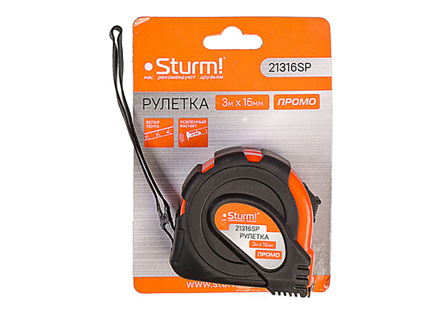 Рулетка 3х16мм Sturm! 21316SP Рулетка Sturm 21316SP 3 м с магнитом и ударопрочным корпусом