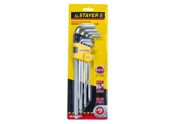 Набор длинных имбусовых ключей STAYER 2741-H9-2 в пластиковом держателе с шаровыми окончаниями