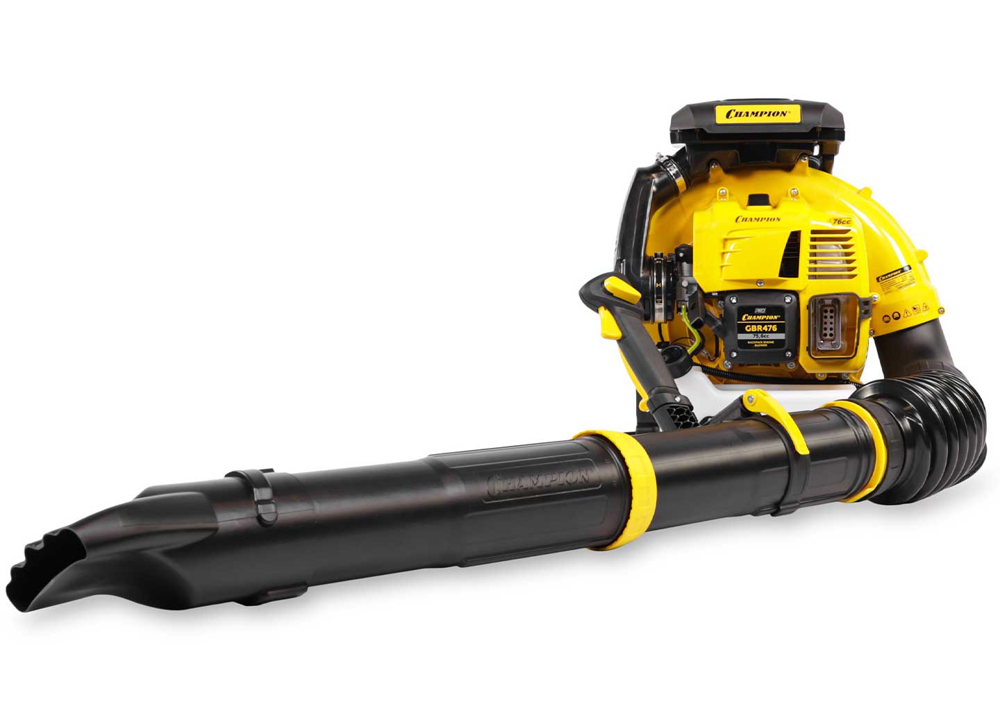 Воздуходувка бензиновая CHAMPION GBR476 Ранцевая бензиновая воздуходувка CHAMPION GBR476 4,5 л.с., 1480 м³/ч, 92 м/с — профессиональная
