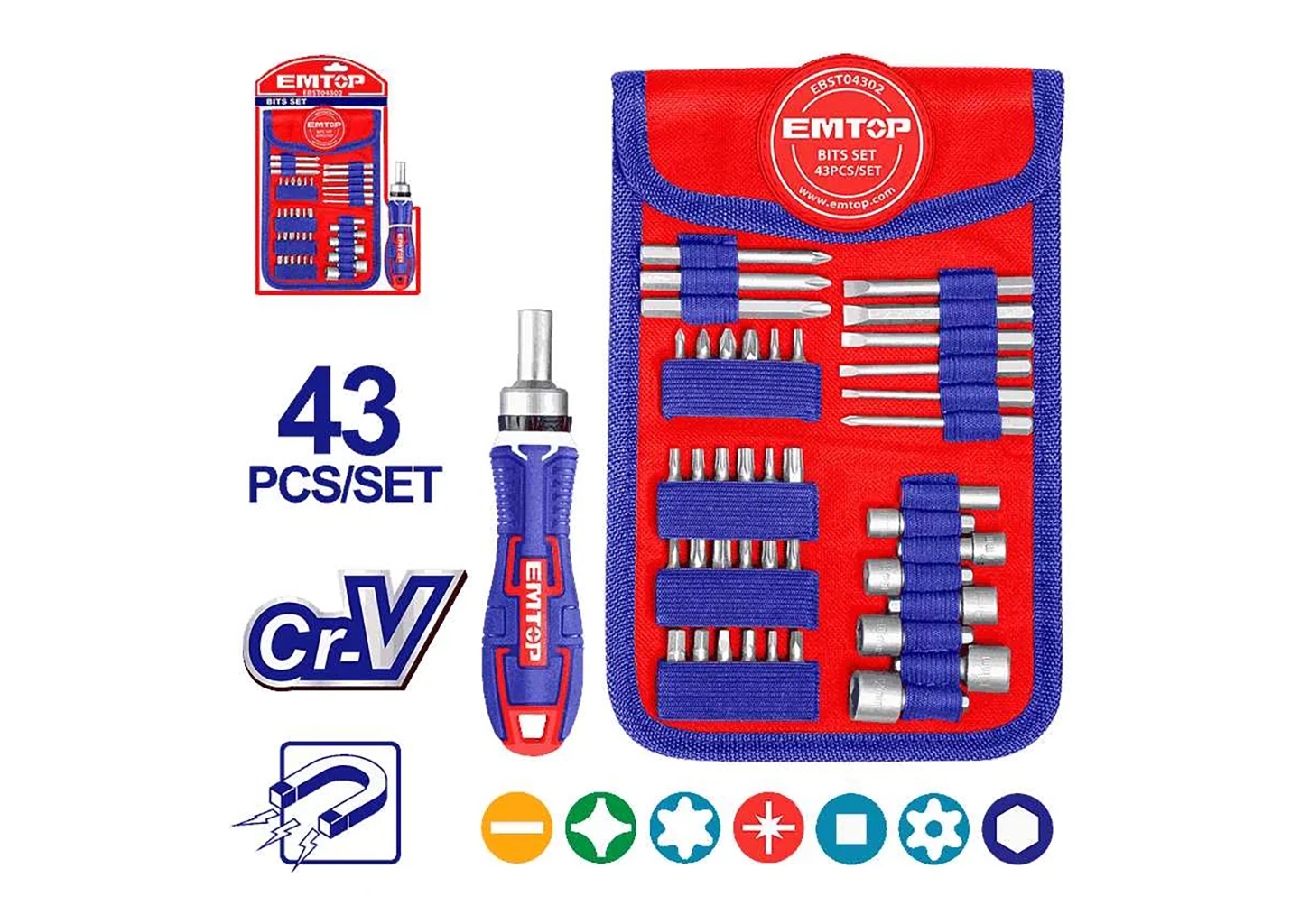 Отвертка реверсивная с битами EMTOP EBST04302 отвертка реверсивная EMTOP EBST04302 с набором бит 43 шт в чехле