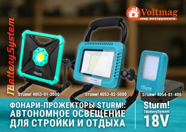 Фонари-прожекторы Sturm! 4053-01-2000, 4053-02-5000 и 4054-01-400 на платформе 18V 1BatterySystem