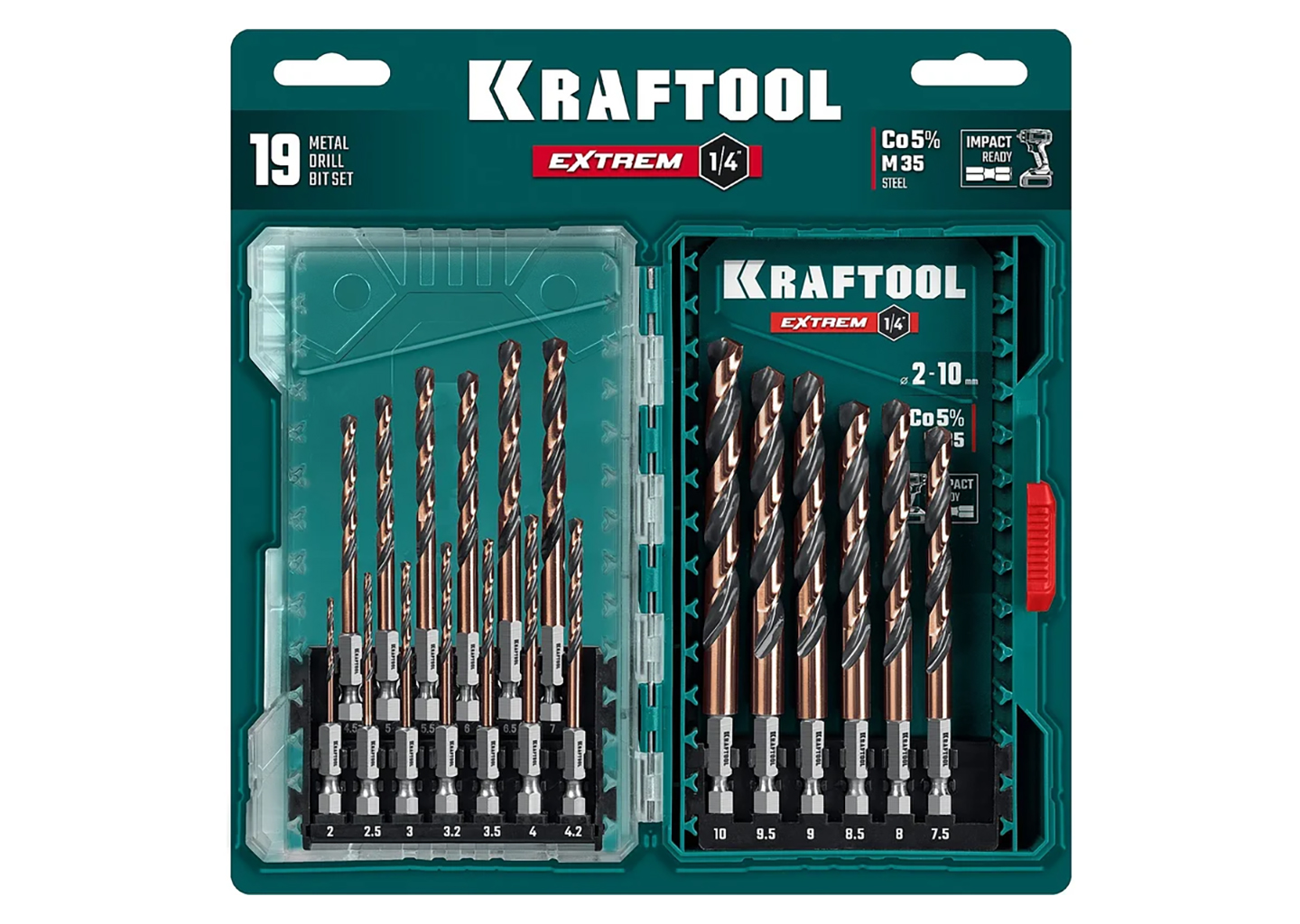 Набор сверл по металлу для винтовёртов и шуруповертов KRAFTOOL Impact Ready 29652-H19 Набор сверл KRAFTOOL Impact Ready 29652-H19, HSS-Co M35, 1/4″ HEX, 19 шт