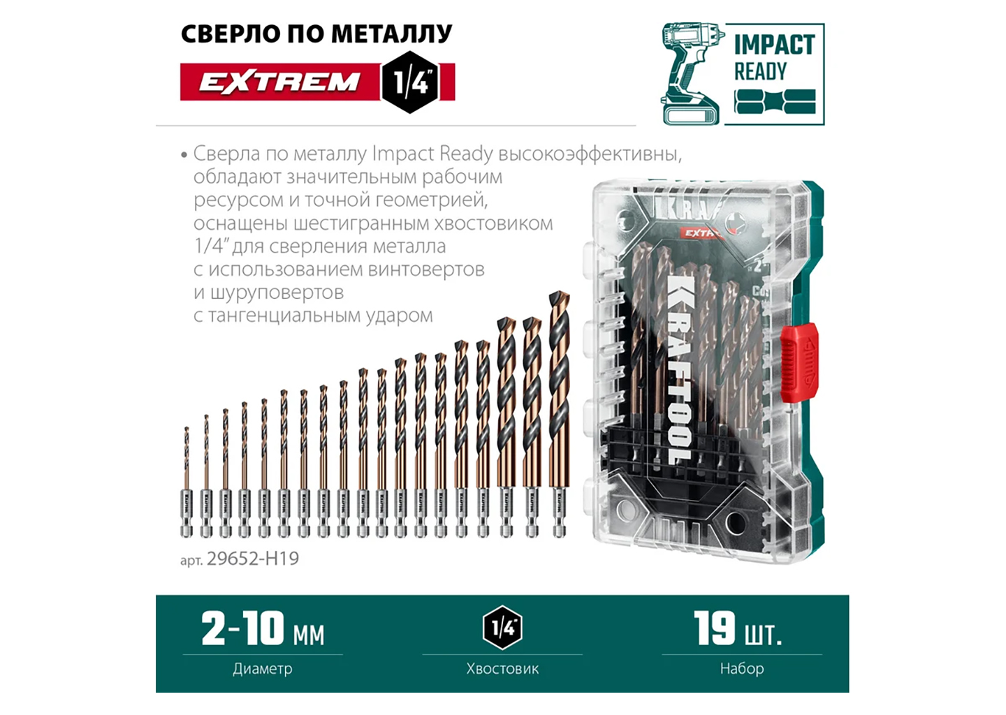 Набор сверл по металлу для винтовёртов и шуруповертов KRAFTOOL Impact Ready 29652-H19 Набор сверл по металлу для винтовёртов и шуруповертов KRAFTOOL Impact Ready 29652-H19 — изображение 7