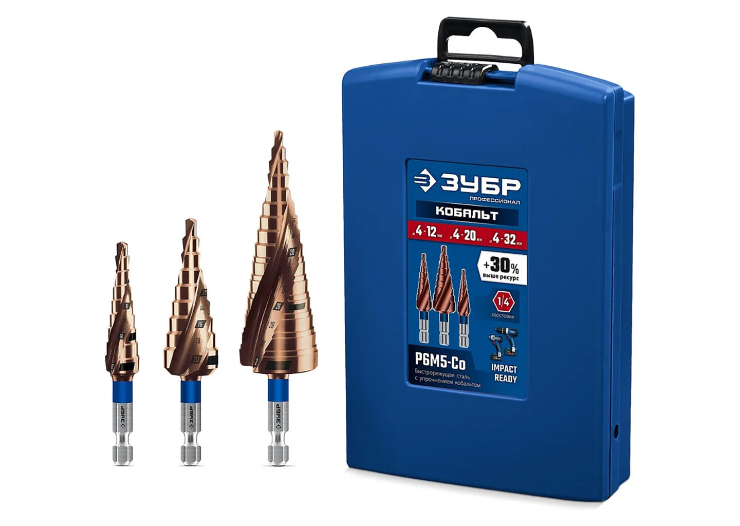 Набор ступенчатых сверл ЗУБР КОБАЛЬТ 29674-4-32-H3 Набор ступенчатых сверл ЗУБР 29674-4-32-H3 КОБАЛЬТ с шестигранным хвостовиком 1/4″ в пластиковом боксе