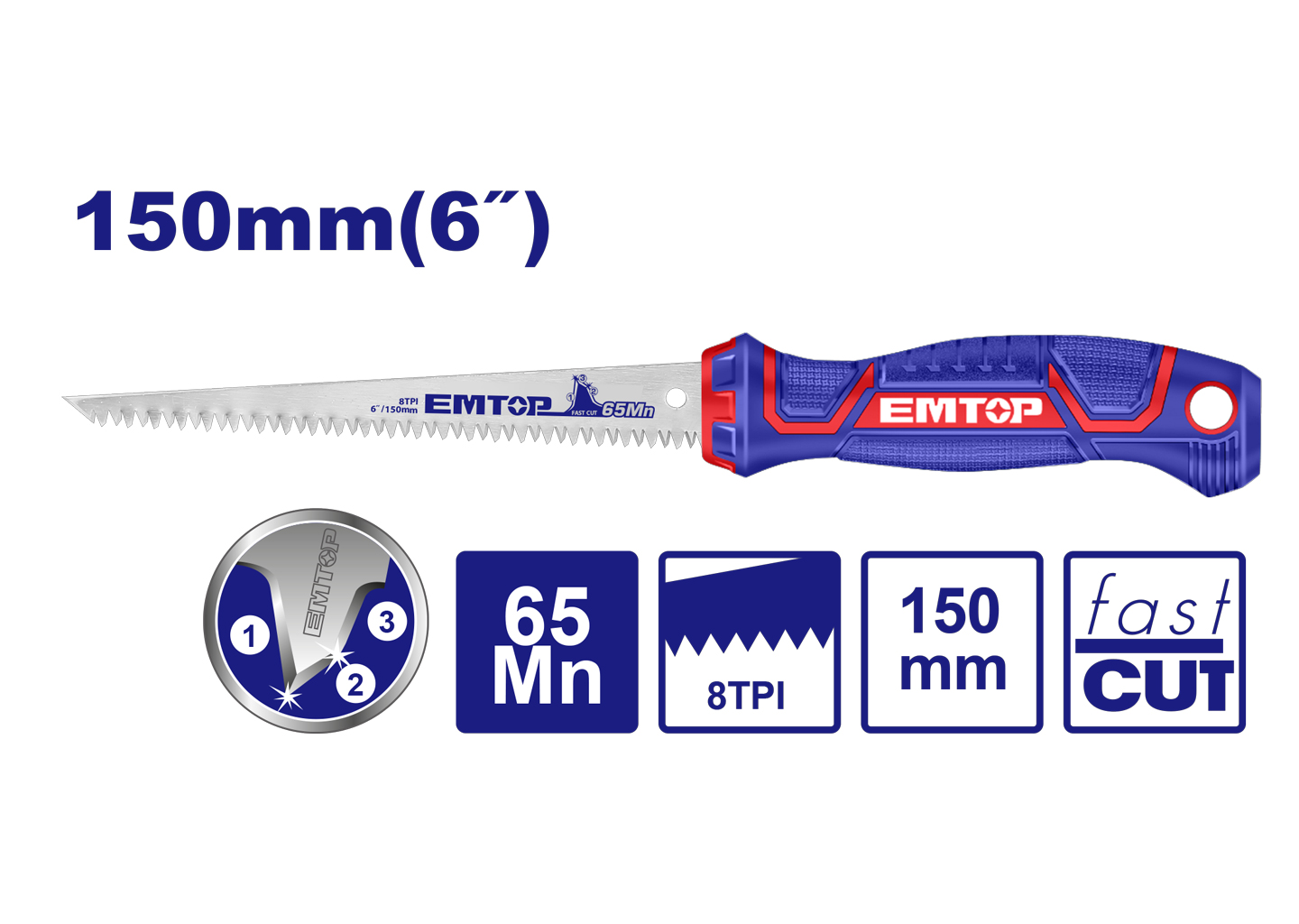 Ножовка EMTOP EHASW1501 150 мм из стали 65Mn, зубья 8 TPI