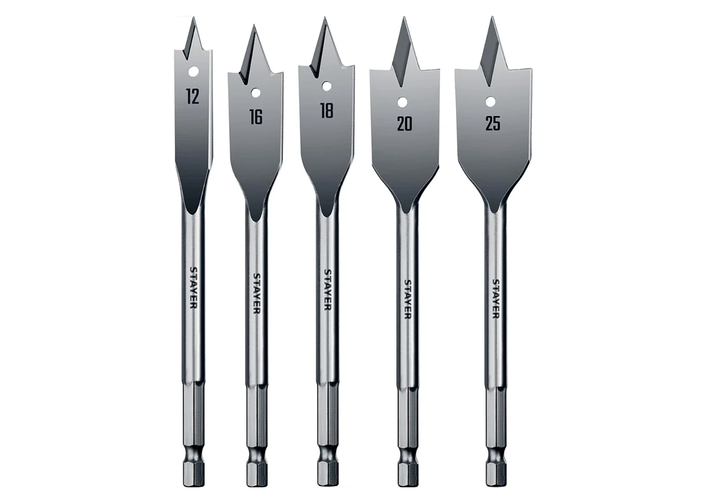 Набор перовых сверл по дереву STAYER Flat 2950-H5, 12–25 мм, шестигранный хвостовик 1/4″