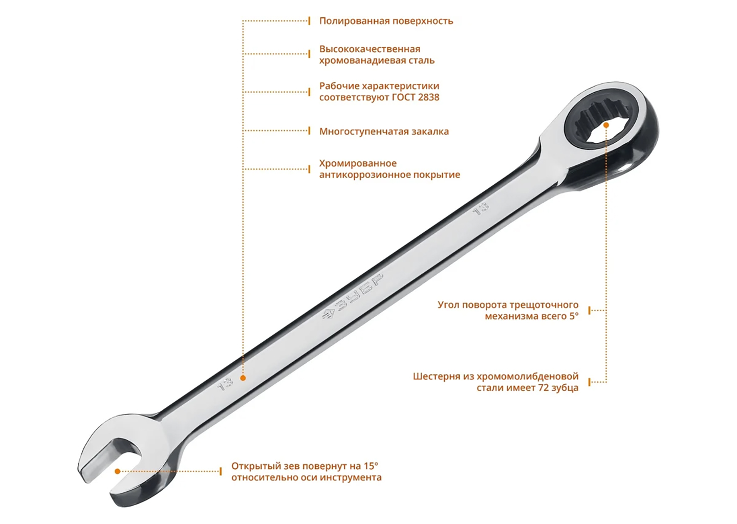 Комбинированный трещоточный гаечный ключ ЗУБР Профессионал 27074-13 Комбинированный трещоточный гаечный ключ ЗУБР Профессионал 27074-13 — изображение 3