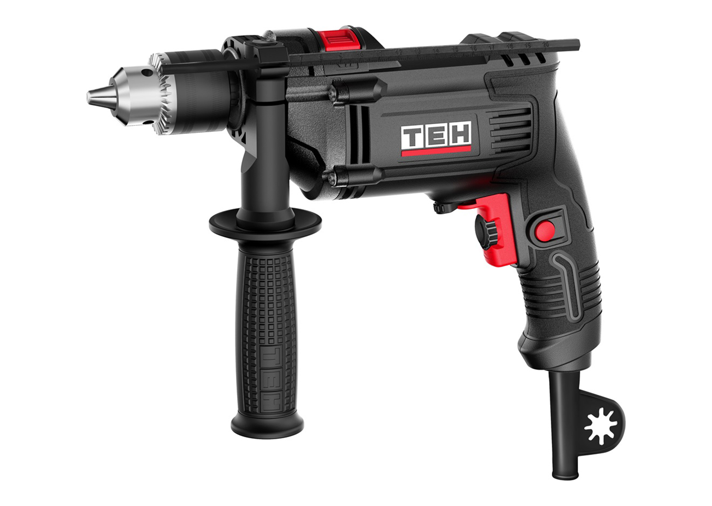 Ударная дрель TEH TD1309A 850Вт с ключевым металлическим патроном 13 мм и дополнительной рукояткой