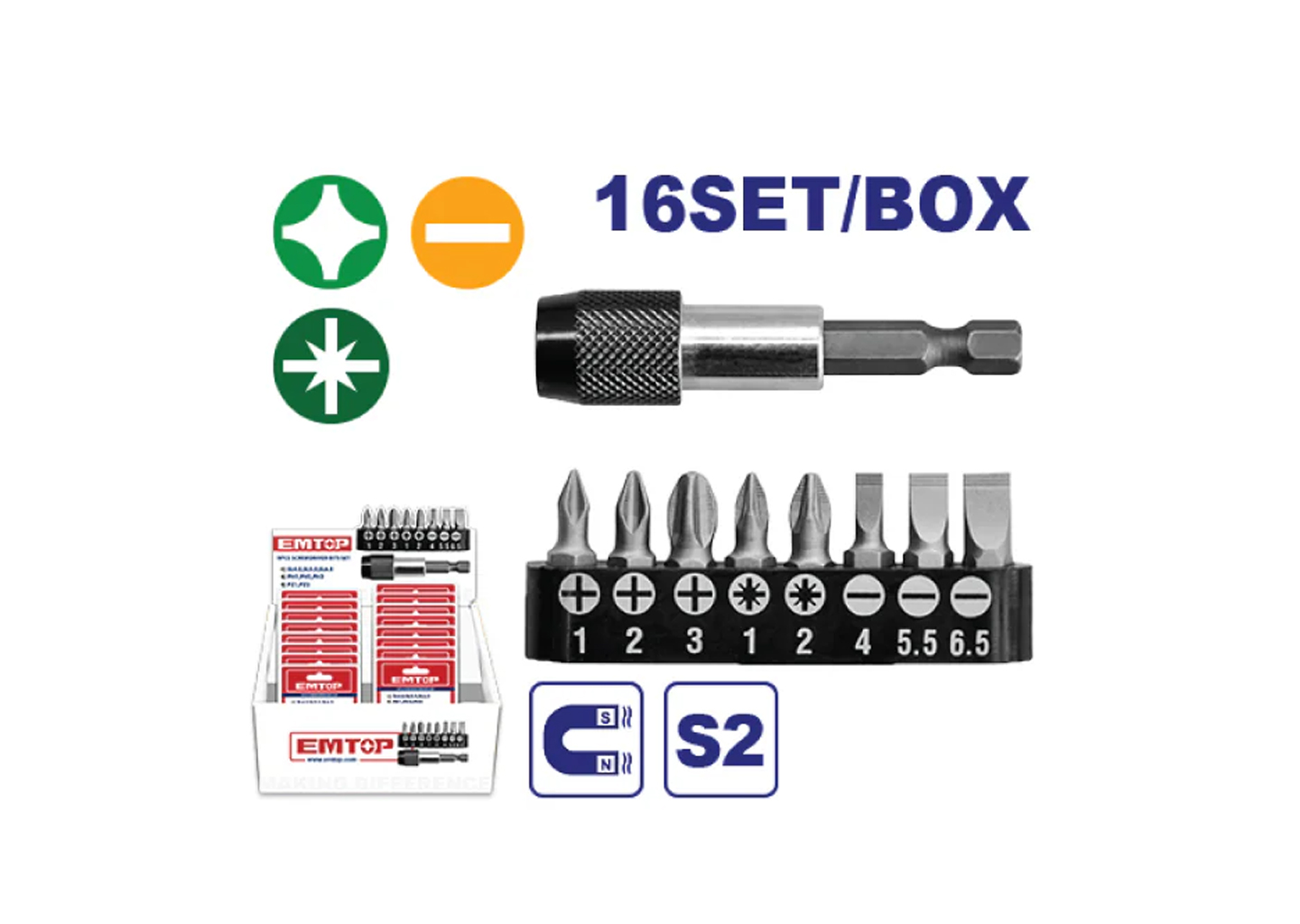 Набор бит EMTOP ESBT30091 S2 с магнитным держателем, шлицы PH PZ SL