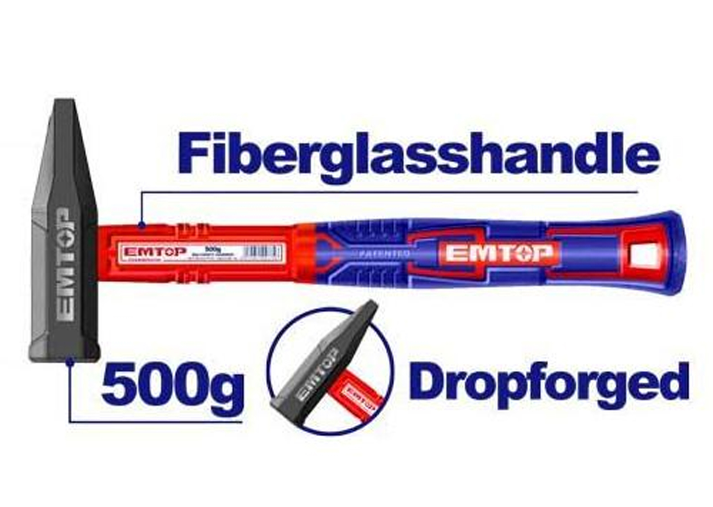 Молоток слесарный EMTOP EHAMMH0500 500 г — кованая головка, рукоятка из стекловолокна