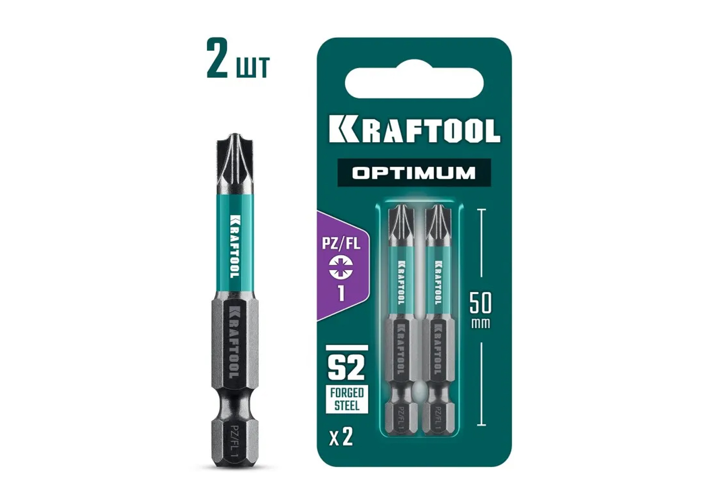 Биты KRAFTOOL OPTIMUM PZ/FL 1 50 мм 2 шт для шуруповерта