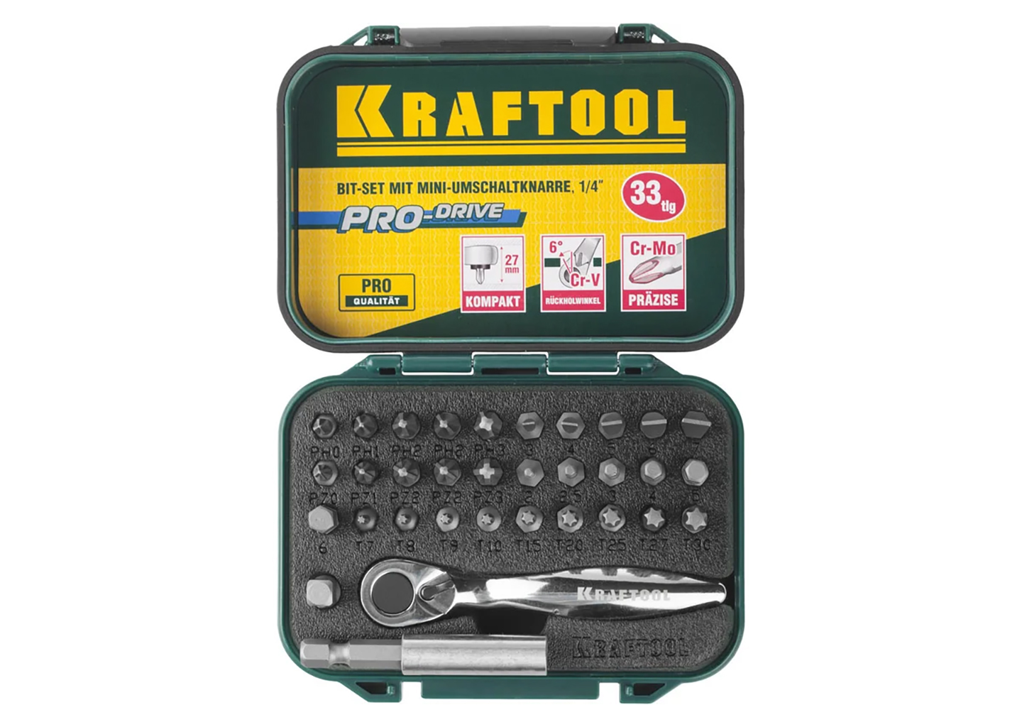 Набор бит и торцевых головок KRAFTOOL EXPERT 26157-H33 1/4" с мини-трещоткой 33 предмета Набор бит и торцевых головок KRAFTOOL EXPERT 26157-H33 1/4" с мини-трещоткой 33 предмета — изображение 2
