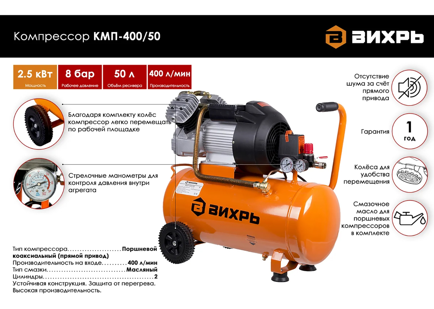 Компрессор воздушный Вихрь КМП-400/50 50 л 2500 Вт масляный поршневой Компрессор воздушный Вихрь КМП-400/50 50 л 2500 Вт масляный поршневой — изображение 15