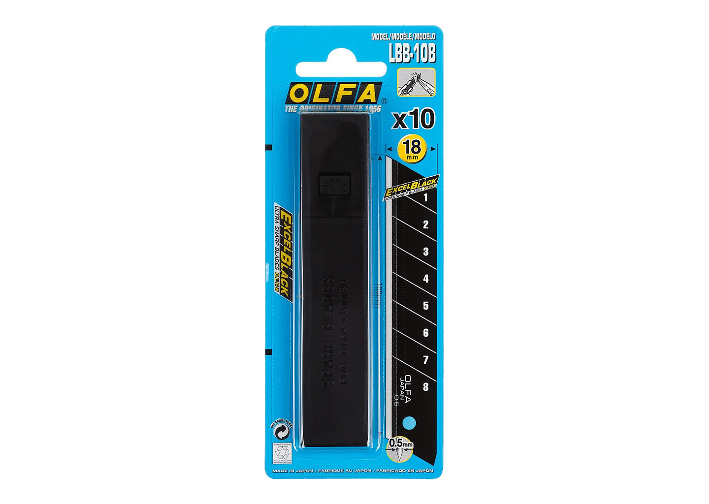 Сегментированные сменные лезвия OLFA LBB-10B EXCEL BLACK 18 мм, 10 шт., особо острые, в пластиковом кейсе и блистере Сегментированные сменные лезвия OLFA LBB-10B EXCEL BLACK 18 мм, 10 шт., особо острые, в пластиковом кейсе и блистере — изображение 4