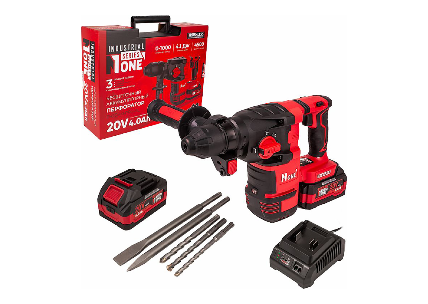 Перфоратор аккумуляторный бесщеточный Number One INDUSTRIAL EH26/4,0-PRO-BL 20 В, 4,1 Дж, SDS-Plus, 2×4,0 А·ч, 3+1 режима Перфоратор аккумуляторный бесщеточный Number One INDUSTRIAL EH26/4,0-PRO-BL 20 В, 4,1 Дж, SDS-Plus, 2×4,0 А·ч, 3+1 режима — изображение 2