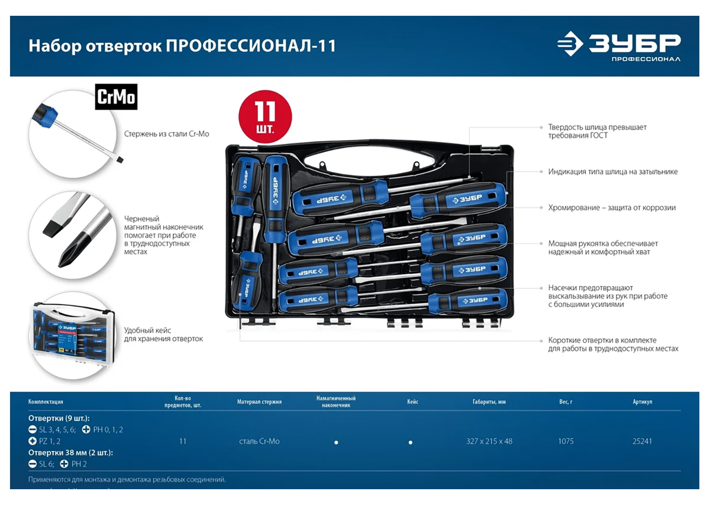 Набор отверток ЗУБР Профессионал-11 25241, 11 предметов, SL/PH/PZ, в кейсе Набор отверток ЗУБР Профессионал-11 25241, 11 предметов, SL/PH/PZ, в кейсе — изображение 3